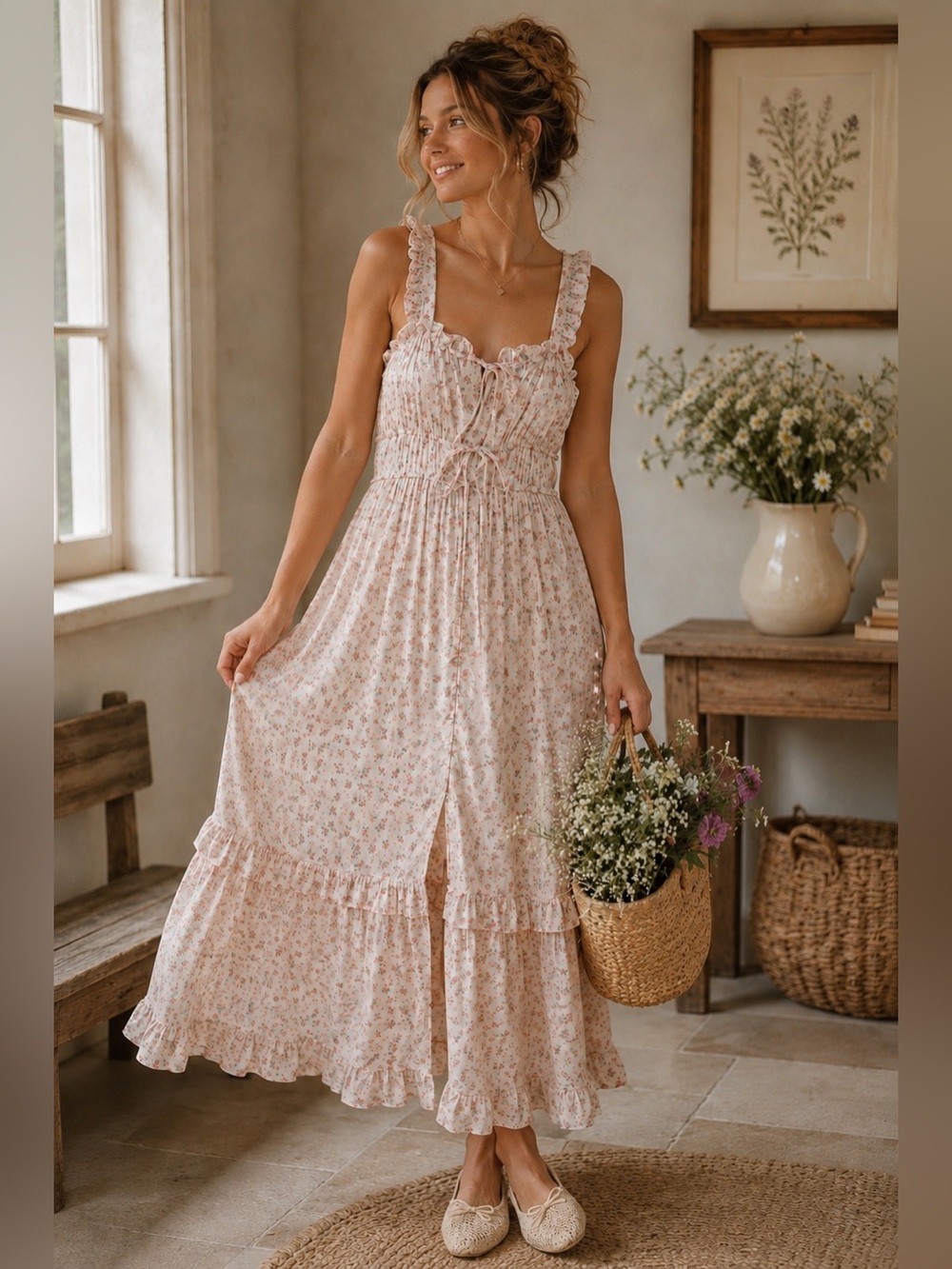 Storia Floral Tiered Maxi Dress Women’s M Cottagecore Coquette Ruffles Bows
